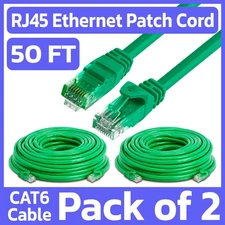 2 Pack 50FT Cat6 Patch Cord Green RJ45 LAN Ethernet Cable Network Internet Cord