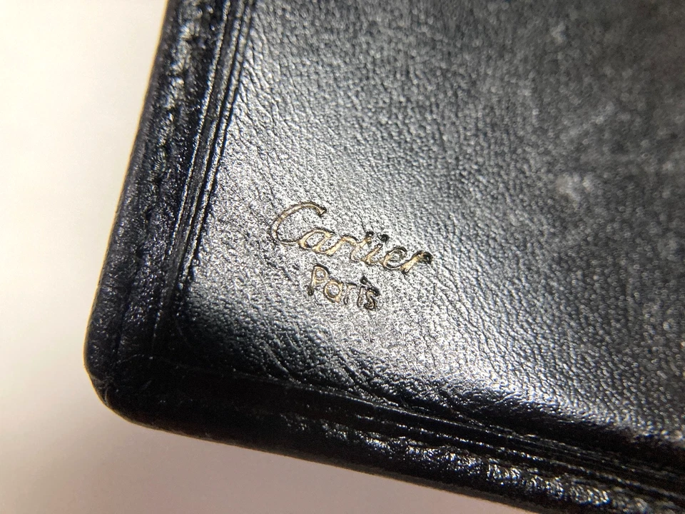 CARTIER VINTAGE PASHA GOLD CC EMBLEM LEATHER WALLET BIFOLD COIN FRANCE BLACK - Image 2 of 4