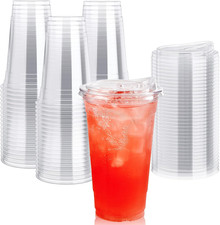 60 PACK 24 Oz Clear Plastic Cups with Strawless Sip through Lids, Disposable, fo