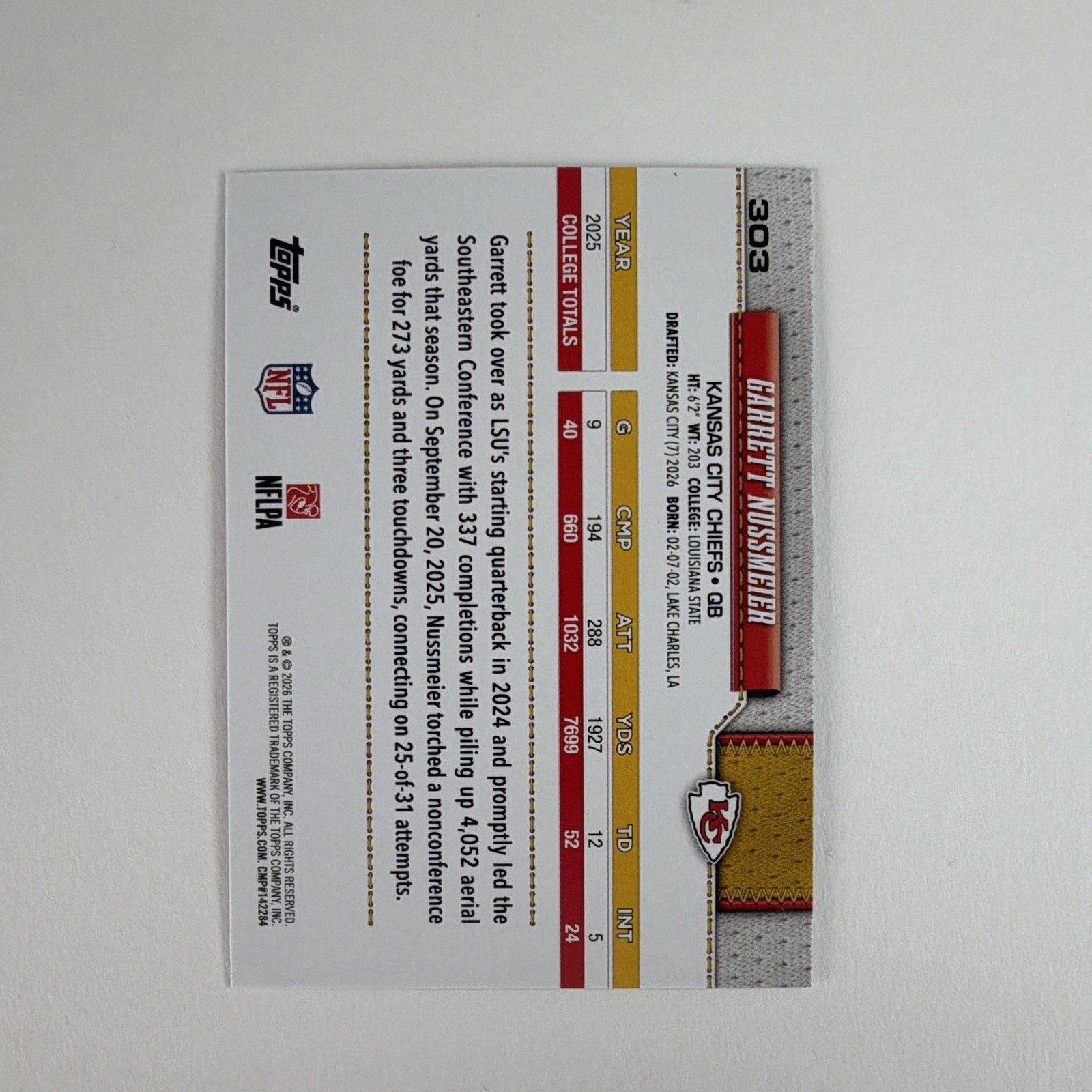 2026 Topps Flagship GARRETT NUSSMEIER RC #303 PINK DIAMANTE FOIL Chiefs RookieQB