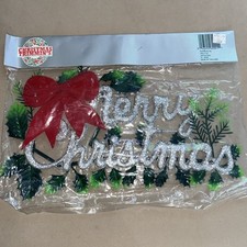 Vintage Merry Christmas Plastic Wall Decor Glitter Red Bow Sign 12" MCM New