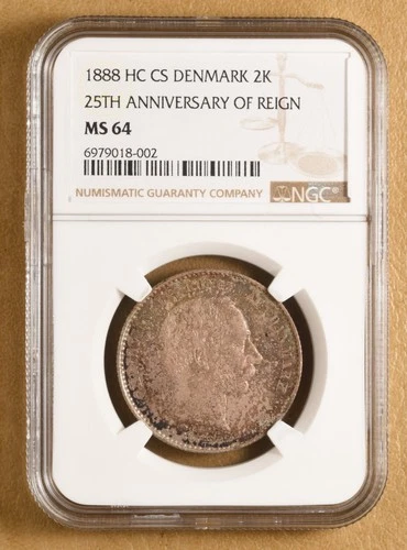 1888 HC CS Denmark Silver 2 Kroner NGC MS64