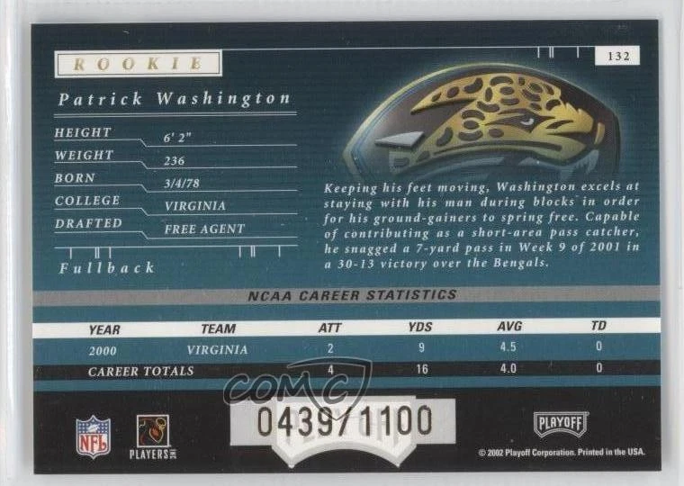 2001 Playoff Preferred Rookie /1100 Patrick Washington #132 Rookie RC - Image 2 of 2
