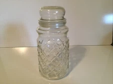 1984 Planters Mr. Peanut Diamond Pattern Clear Glass Canister Jar w/ Lid - 8" T