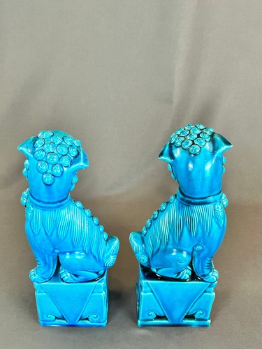 2 statue cinesi porcellana smaltata turchese foo fu cani leone 10" c. XX secolo - Foto 6 di 20