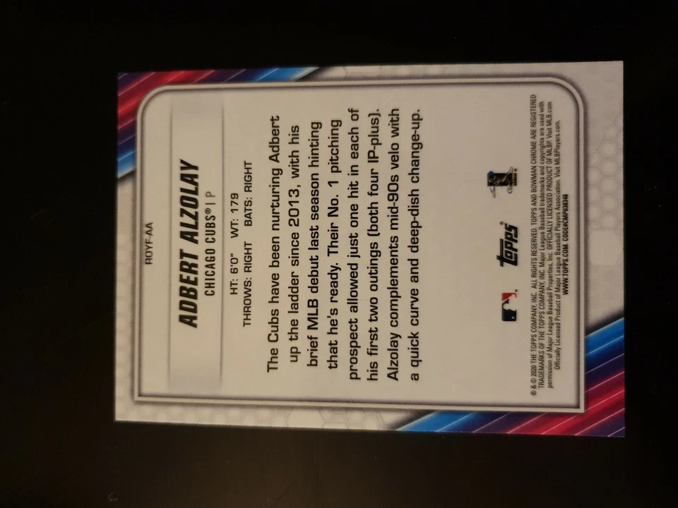 2020 Bowman Chrome Rookie of the Year Favorites Adbert Alzolay RC (Cubs) ROYF-AA - Image 2 of 2