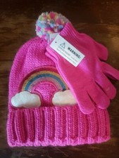 Girls Stocking Cap  Gloves Set Pink Rainbow Glitter Sequins Pom Pom Cable Knit