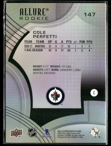 Tarjeta de hockey de novato Cole Perfetti Winnipeg Jets 2021-22 Upper Deck Allure #147 - Imagen 2 de 2