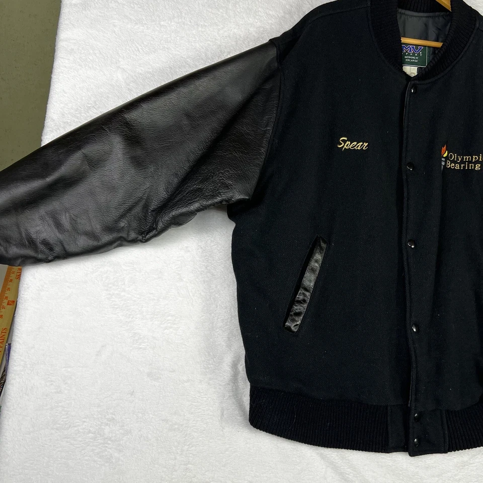 Chaqueta de bombardero Olympic Bearing de cuero de lana negra bordada universitaria 2XL Foto 4 de 4