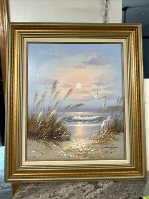 N Thompson Seaside Lighthouse Beach Landscape Oil Painting Signed & Framed 31 