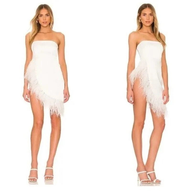 NBD Celine Piuma Asimmetrico Mini Abito Raso Senza Spalline Addio al Nubilato Sposa Tg S