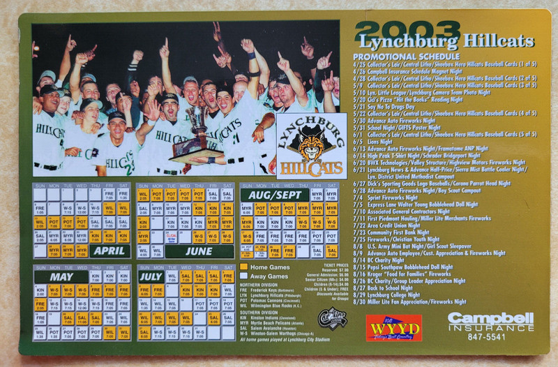 2003 Lynchburg Hillcats Carolina League Pittsburgh Pirates Schedule Magnet