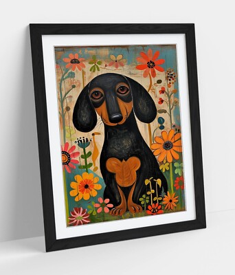 DACKEL UNTER BLUMEN NAIVE KUNST - GERAHMTES WANDBILD POSTER PAPIERDRUCK