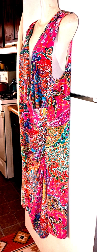 RALPH LAUREN PAISLEY FLORAL SLEEVELESS RUCHED FAUX WRAP SURPLICE DRESS SIZE 2X - Image 2 of 4