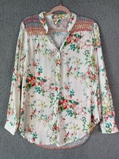 NWT Fig and Flower Blouse MEDIUM Cream Floral Boho Roll Tab Sleeve