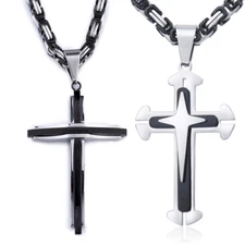 Men's Cross Pendant Necklace Chain Solid Stainless Steel Jewelry Black Silver