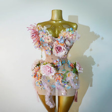 Luxury 3D Floral Sheer Mini Dress Rhinestone Tassel Stage Party Festival Costume