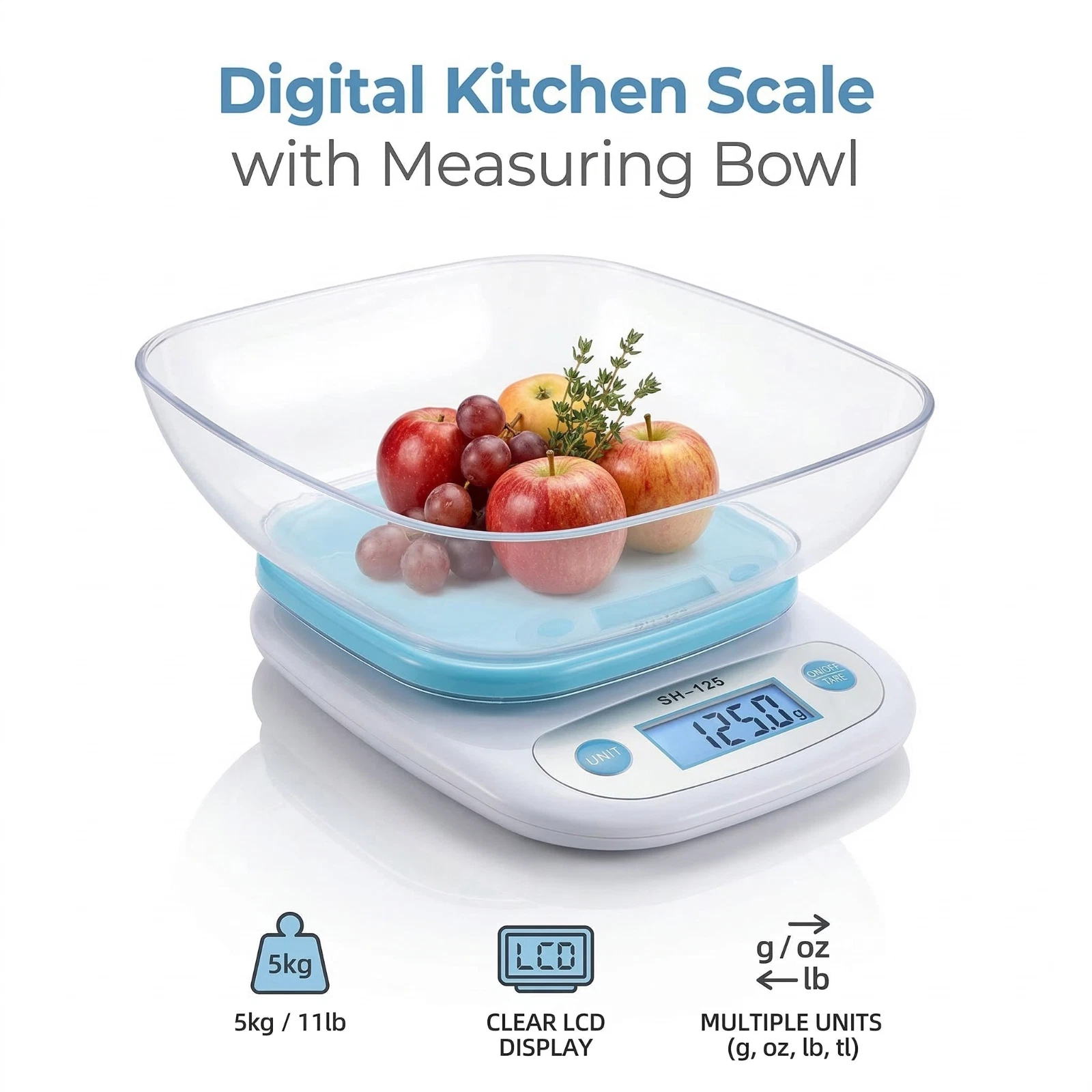 Electronic Kitchen Scale 5KG Digital Food Scale Tara LCD Bowl Batteries Included