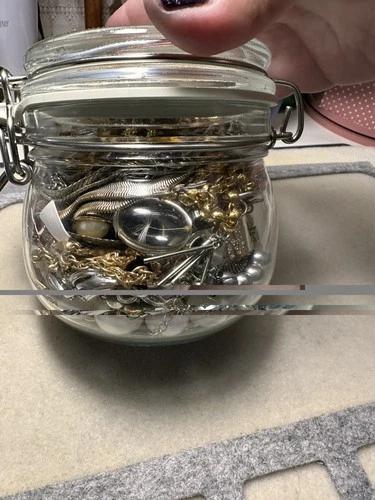 Gold and silver tone Mixed Mystery Costume Jewelry Jar w/ Vintage Glass Jar