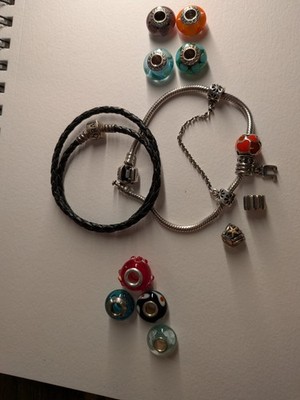 Original Pandora Sterling Silber Bettelarmband Konvolut Murano ALE 925 + Leder