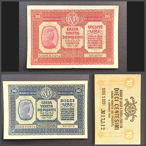 Lotto 3 Pz Cassa Veneta dei Prestiti Buono di Cassa 5 10 20 Lire Banconote 1918
