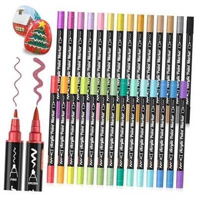 28 Metallic Colors Dual Tip Acrylic Paint Markers, Brush Tip and Fine Tip 
