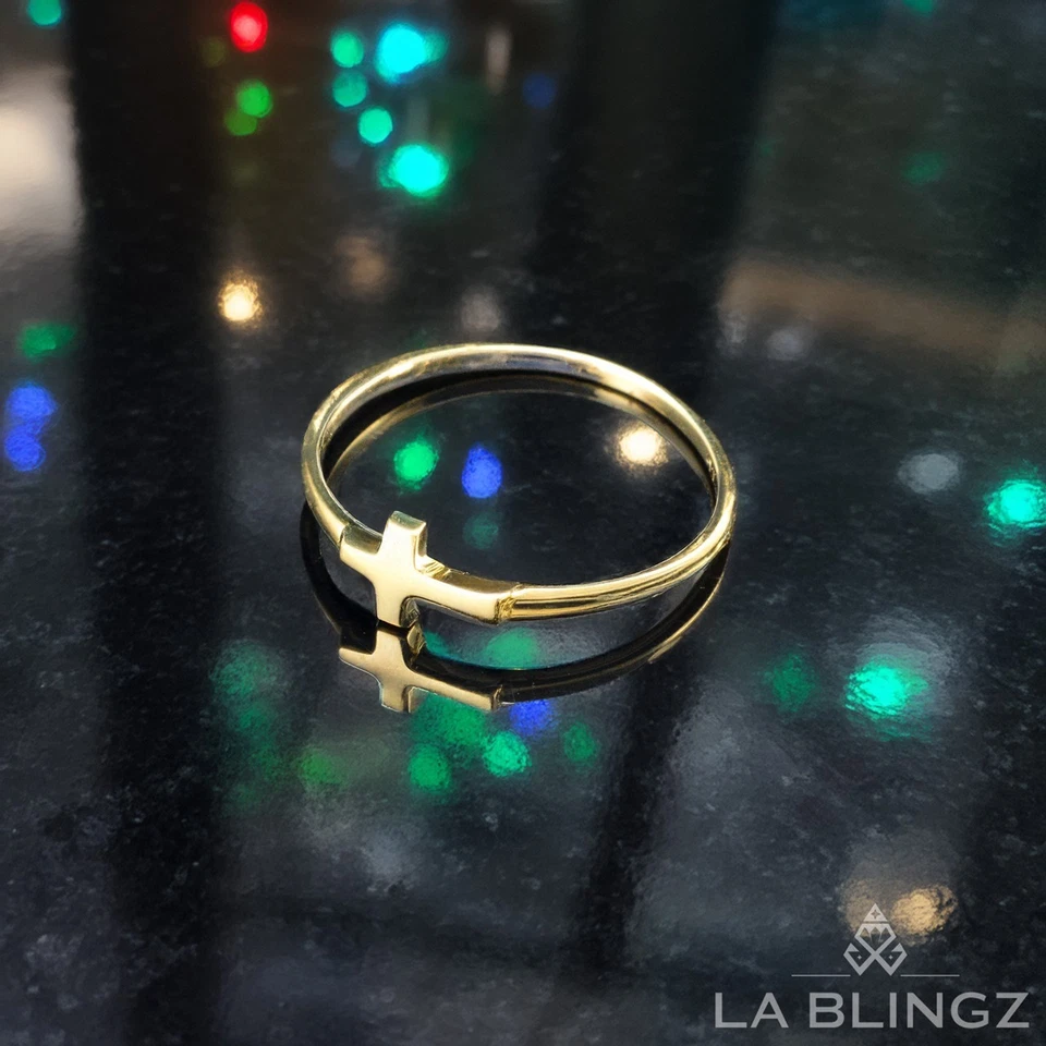 Gold Sideways Cross Stacking Ring Women Solid 10K/14K Yellow or White Gold - Image 3 of 4