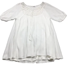 NAIF Womens Tunic Top Sz S White Round Neck Embroidered Tie Front Short Sleeve