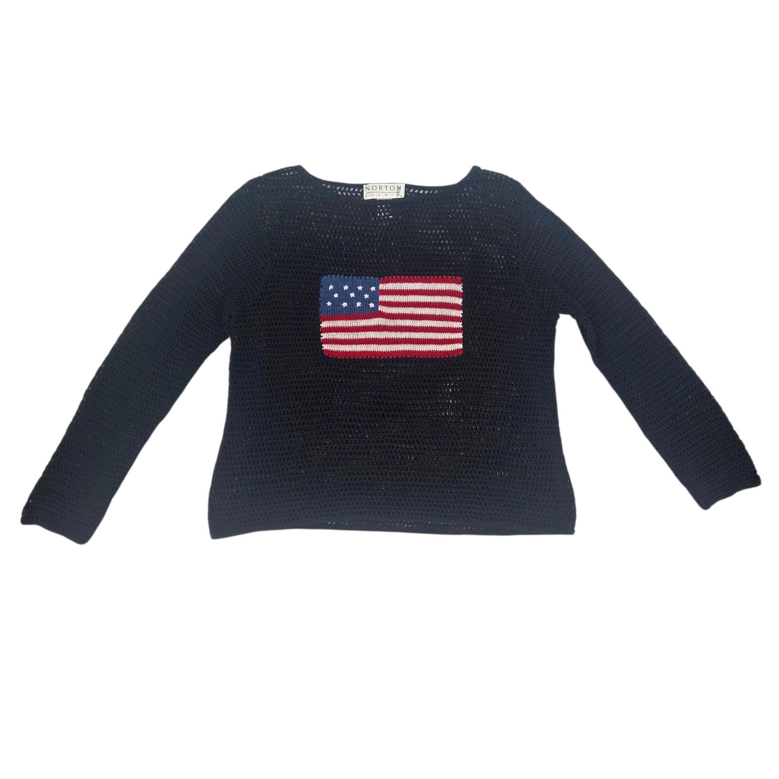 Norton Studio Mesh Sweater Womens Large Black Crochet American Flag Open Knit