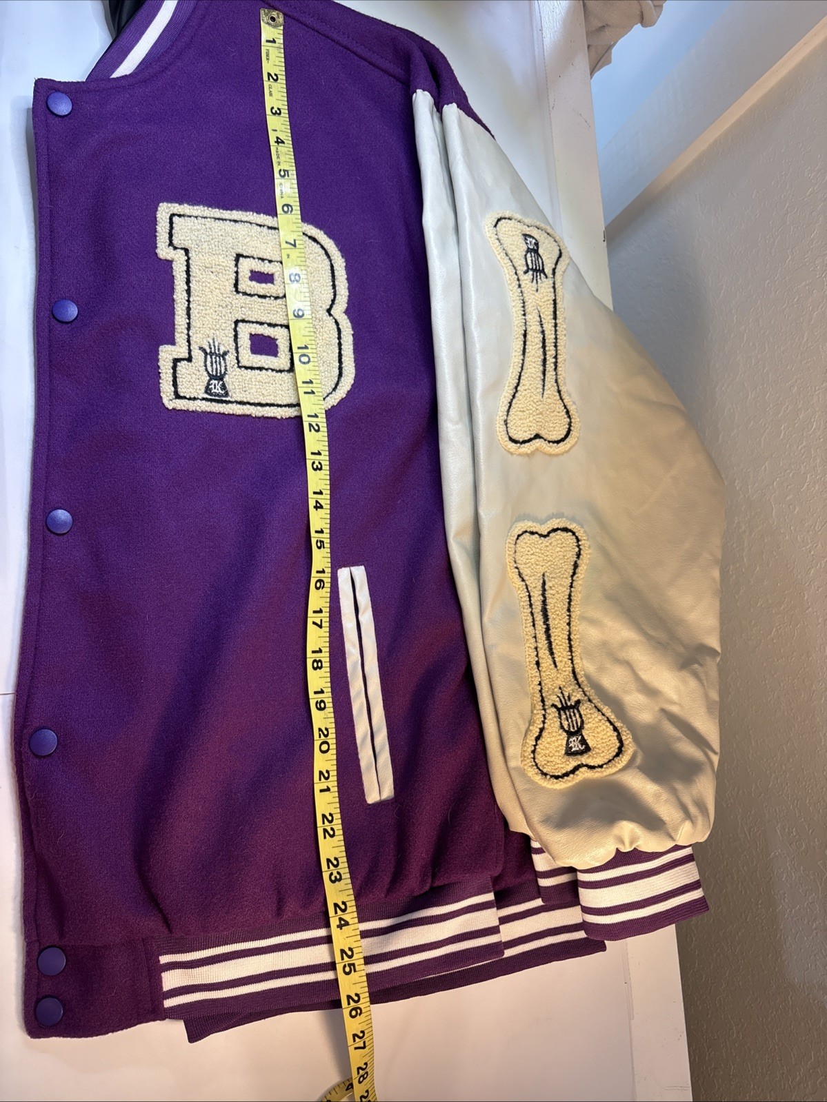 Bone Patchwork Varsity Jacket Men’s Medium Purple… - image 6