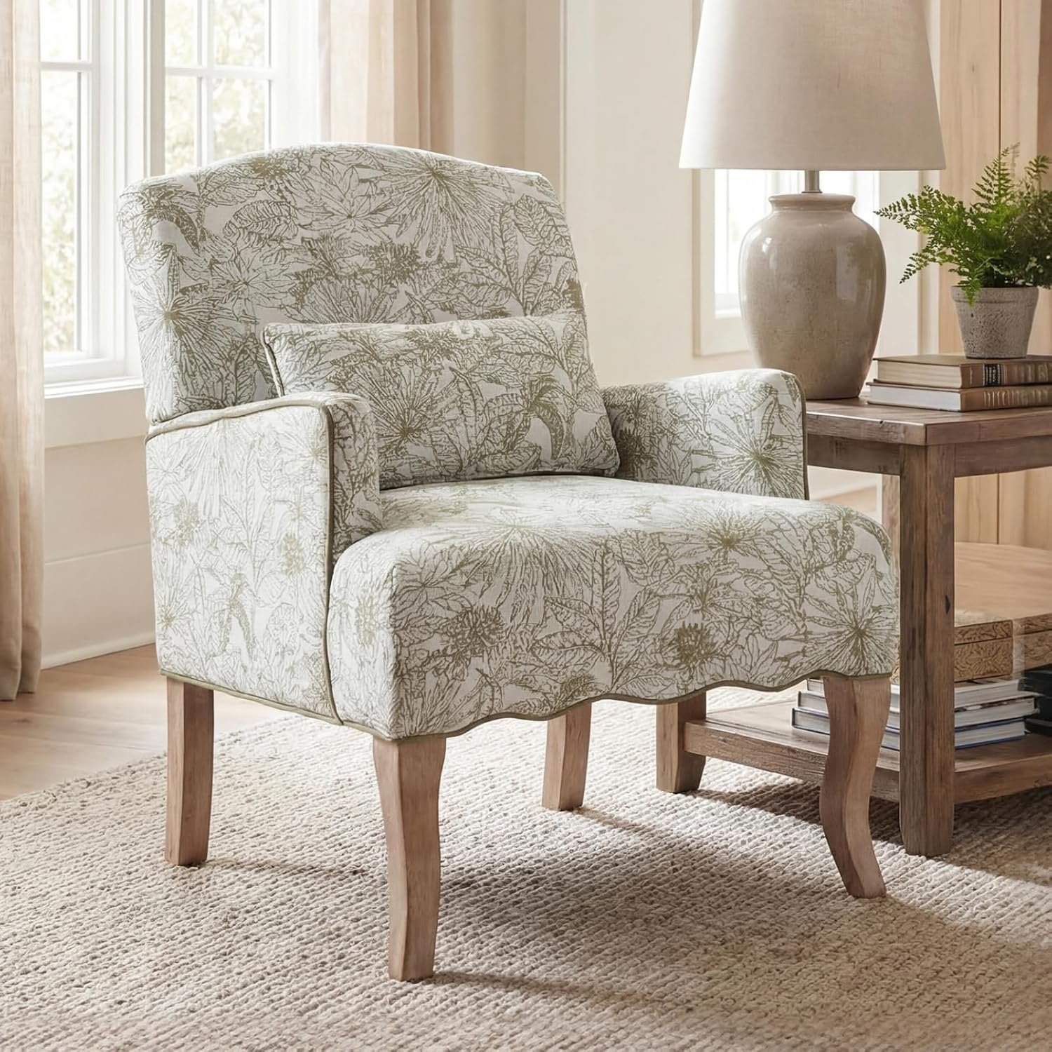 Retro Armchair Linen Printed Accent Chair Living Room Sofa Wooden Legs Beige