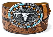 Western-Cowboy-Leather-Belts for Women Turquoise-Oval-Buckle Embossed Cowgirl Be