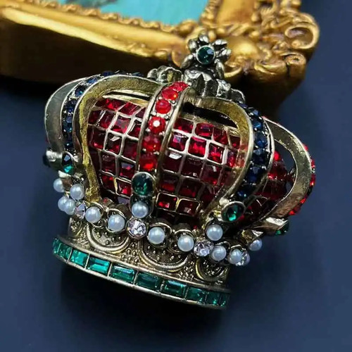 Broche de perlas vintage de la industria pesada arte diamantes de imitación corona de reina - Imagen 6 de 24