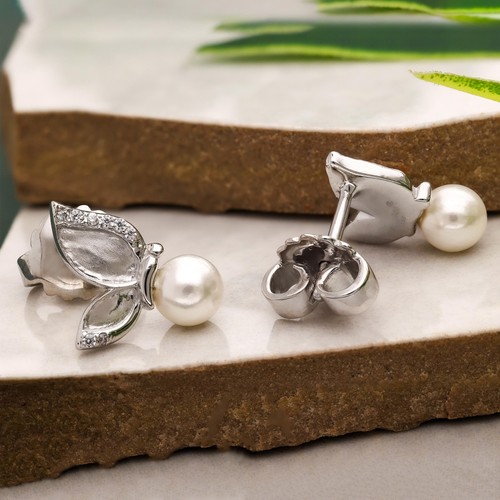 Pearl with CZ Butterfly Stud Earrings Gift for Her In 925 Silver - Picture 6 of 8