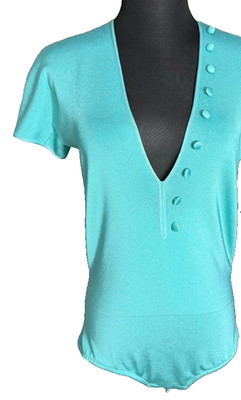 Bnwt Giorgio Armani Women's Turquoise Short Sleeve Bodysuit V-Neck Size 44