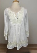 Daniel Rainn Size L knit Top Blouse Tunic ivory 3/4 sleeve shirt Tie Crochet