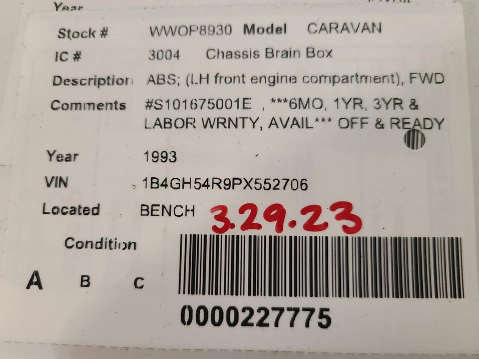 Used ABS Control Module fits: 1993 Dodge Caravan ABS LH front engine compartment Foto 3 de 4