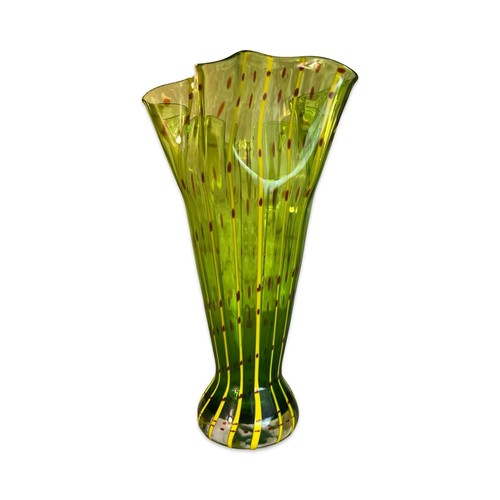 Eastern Art Glass Vase Ruffled Green Yellow Ribbon Stripe Vase ~2 Available - Picture 6 of 9