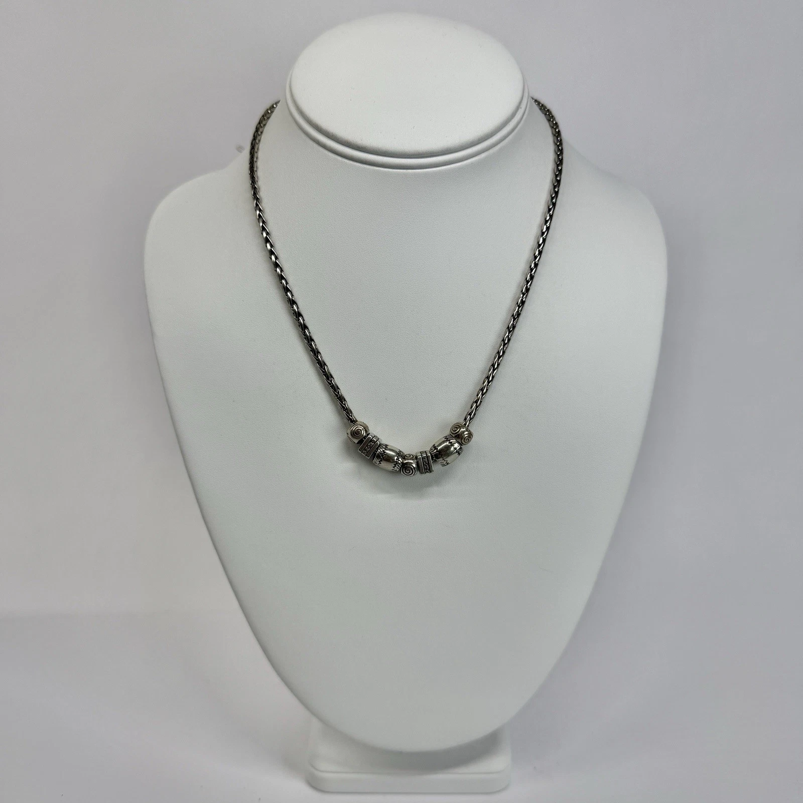 BRIGHTON Scroll Barrel Bead Retired Silver Tone Vintage Necklace Jewelry N593