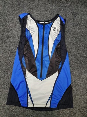 Sugoi Triathlon Shirt Mens Medium Blue Black Sleeveless Zip Front Mesh Tri Top