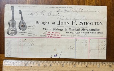 1894 graphic billhead John Stratton Violin Strings Music Instruments Guitars NYC