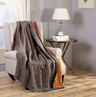 Cozy Super Soft Belgian Flax Linen Throw Blanket 50'' x 70'' - Gray/Orange