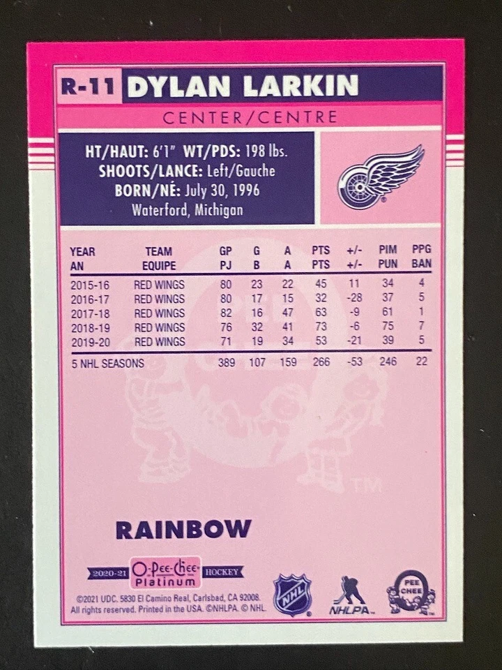 Dylan Larkin 2020-21 Insert O-Pee-Chee Platinum Rainbow #R-11 Detroit - Image 2 of 2