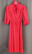 Red Polka Dot Midi Dress Small Ruffle Collar Rockabilly 1970s Vintage 3/4 Sleeve