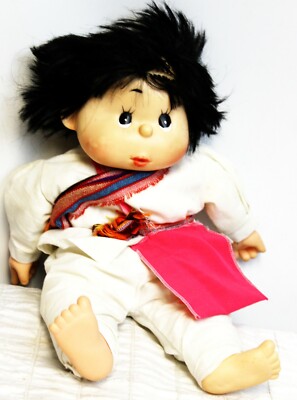Vtg 80s Spanish/Mexican Cloth Body Doll Black Hair Boy Button Nose