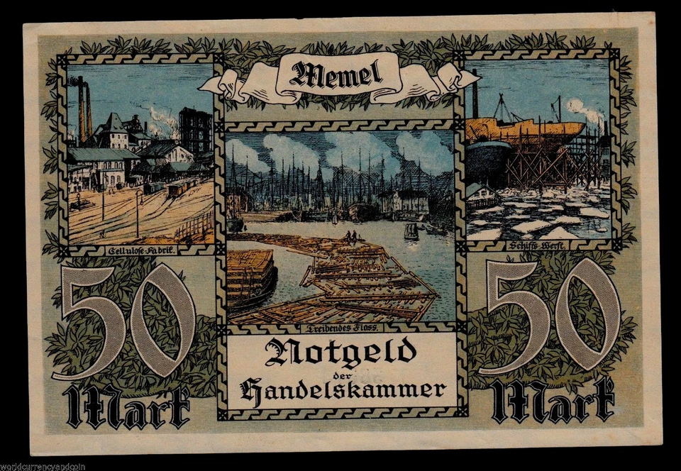 MEMEL LITHUANIA 50 MARK P7 1922 SHIP RAIL ROAD VILLAGE SCENE EURO AUNC RARE NOTE - Image 2 of 2