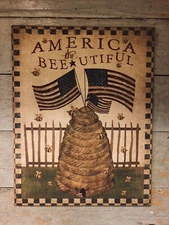 Primitive Folk Art Flag Beehive Patriotic Handcrafted Plaque / Sign