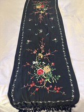 Silk Embroidered Vintage Long Rectangle Black Floral Scarf/Shawl Piano