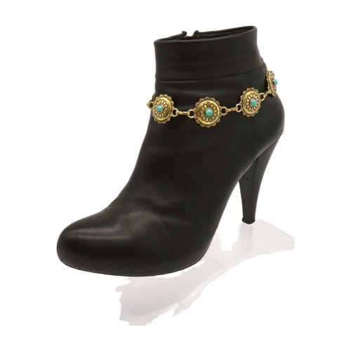 Women Gold Metal Chain Boot Bracelet PAIR Turquoise Blue Flower Charm HANDMADE - Picture 10 of 24