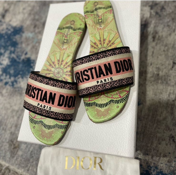Christian Dior Women's Green Pink Dway Embroidered Cotton Slide